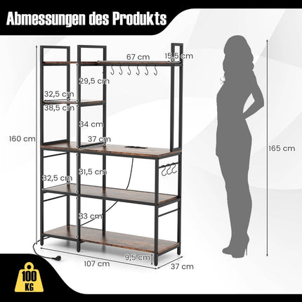Kitchen shelf, standing shelf with sockets, 5 tiers, microwave shelf with shelves, 107 x 37 x 160 cm, rustic brown