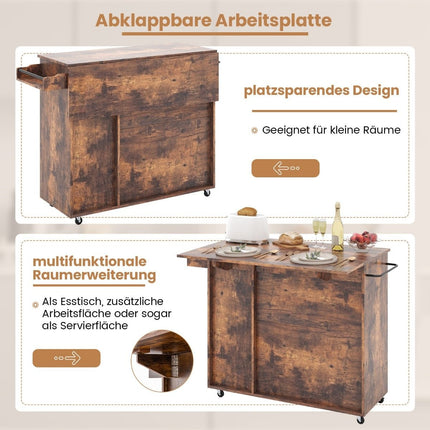 Kitchen trolley on wheels Serving trolley with folding worktop 121 x 68 x 88 cm Rustic brown