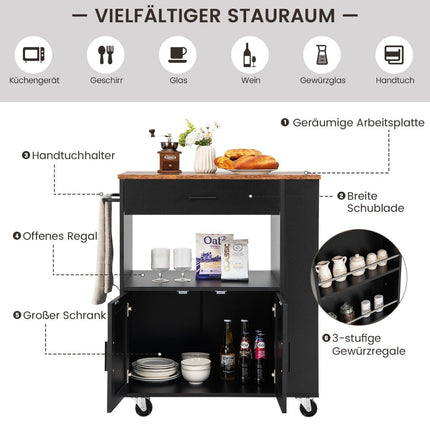 Kitchen trolley rolling serving cart with 3 spice racks 82 x 46 x 92 cm black