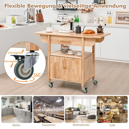 Kitchen trolley with folding worktop & drawer & cupboard serving trolley natural