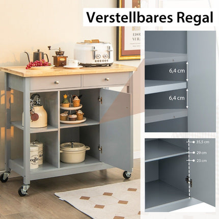 Kitchen trolley with wheels Kitchen island with worktop Serving trolley with 2 drawers 99 x 46 x 90 cm Grey