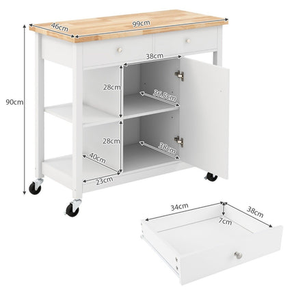 Kitchen trolley with wheels Kitchen island with worktop Serving trolley with 2 drawers 99 x 46 x 90 cm White