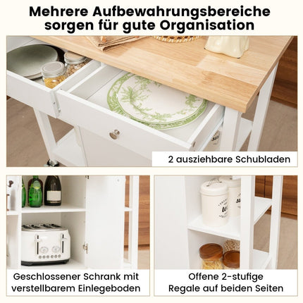 Kitchen trolley with wheels Kitchen island with worktop Serving trolley with 2 drawers 99 x 46 x 90 cm White
