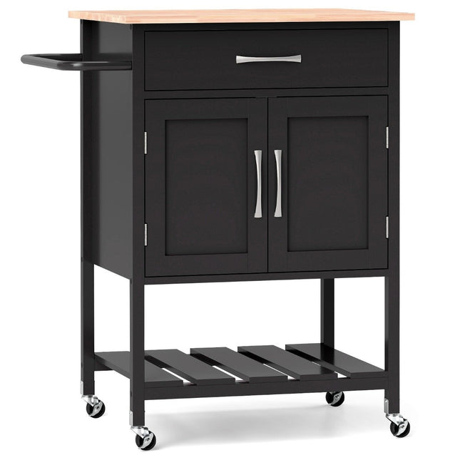 Kitchen trolley with worktop, serving trolley with wheels, trolley with drawer, black