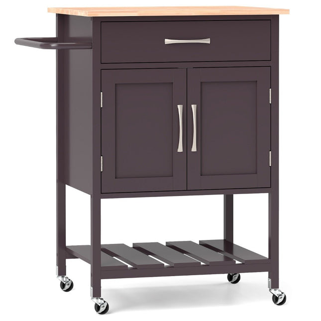 Kitchen trolley with worktop, serving trolley with wheels, trolley with drawer, brown