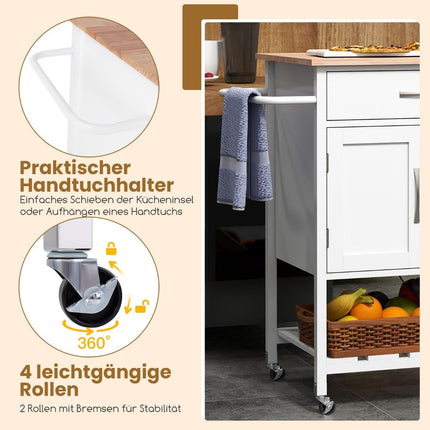 Kitchen trolley with worktop, serving trolley with wheels, trolley with drawer, white