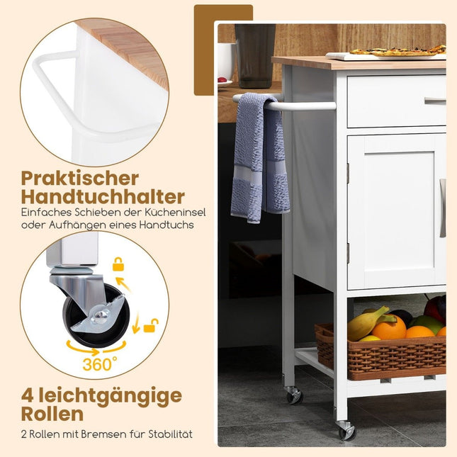 Kitchen trolley with worktop, serving trolley with wheels, trolley with drawer, white