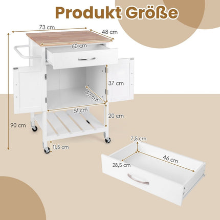 Kitchen trolley with worktop, serving trolley with wheels, trolley with drawer, white