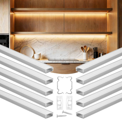 LED Aluminum Channel, U-Shape 6.6ft, Milky Cover, 10-Pack