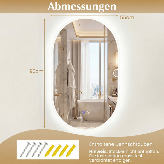 LED Bathroom Mirror, 90x55 cm, Anti-Fog, Touch Control