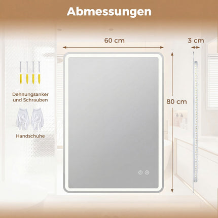 LED Bathroom Mirror, Anti-Fog, Dimmable, 80x60 cm