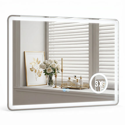 LED Bathroom Mirror with 3x Magnification, Anti-Fog, 80x60 cm