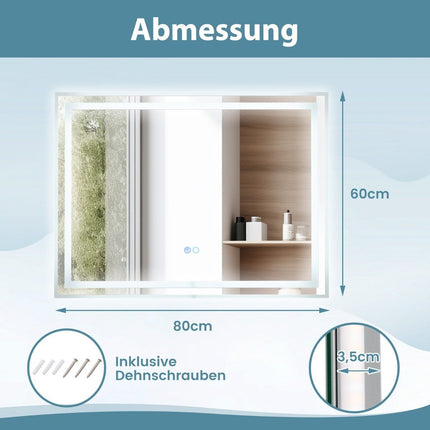 LED Bathroom Mirror with Anti-Fog, 80x60 cm, Dual Lighting