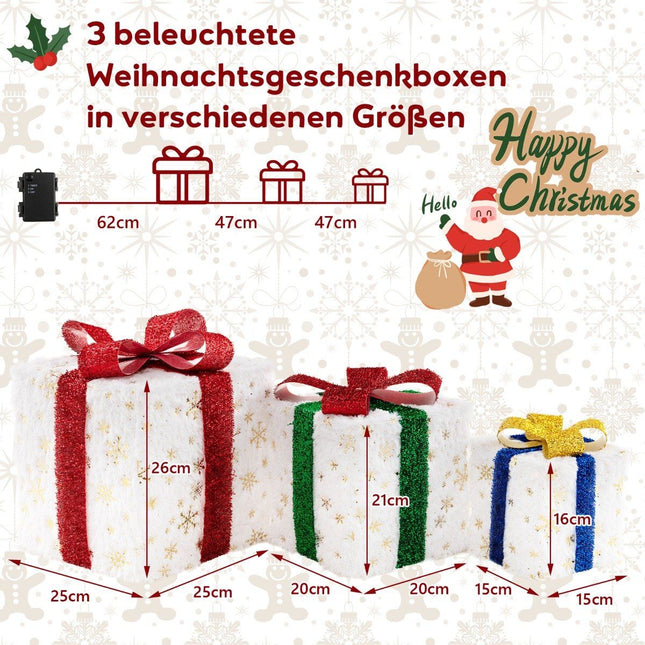 LED Christmas Gift Box Set – 3 Sizes, 48 Warm Lights, Timer