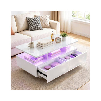 LED Coffee Table 90 cm with 2 Storage Drawers and Open Shelf, High Gloss White