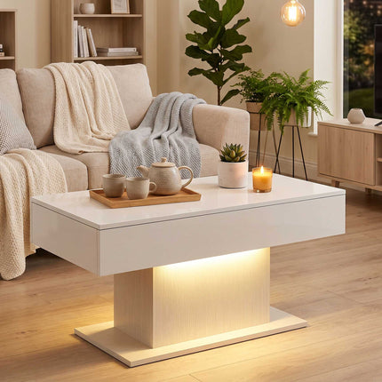 LED Coffee Table, RGB, High Gloss White, 2 Drawers