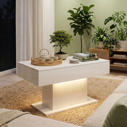 LED Coffee Table, RGB, High Gloss White, 2 Drawers