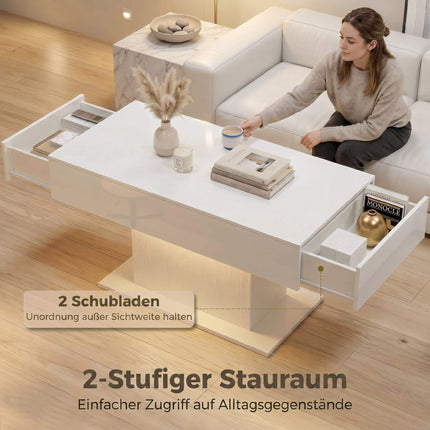 LED Coffee Table, RGB, High Gloss White, 2 Drawers