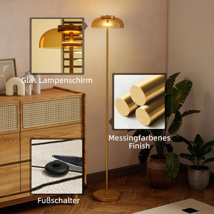 LED Floor Lamp, 3000K Warm Light, Brass Finish, Foot Switch