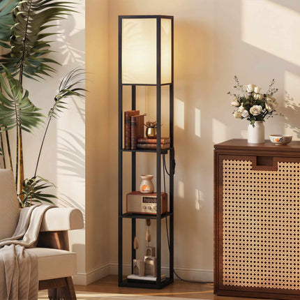 LED Floor Lamp With 3 Shelves, Dimmable, USB, Outlet, Black