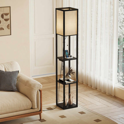 LED Floor Lamp With 3 Shelves, Dimmable, USB, Outlet, Black