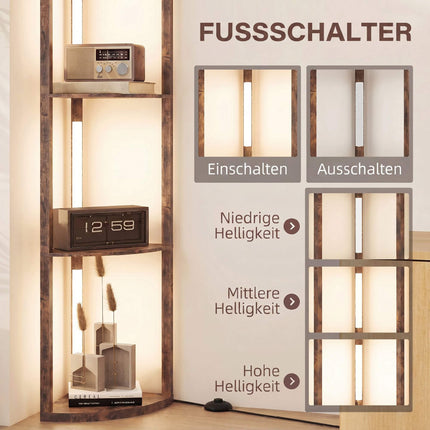 LED Floor Lamp With Shelves, Rustic Brown, Foot Switch, Dimmable