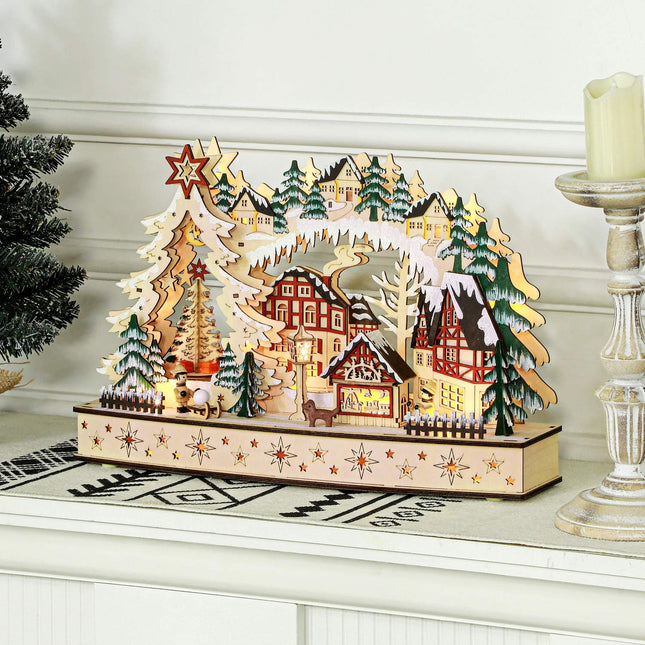 LED-Lit Wooden Christmas Village – 20 Lights, 45x12x30 cm