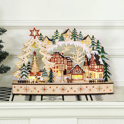 LED-Lit Wooden Christmas Village – 20 Lights, 45x12x30 cm