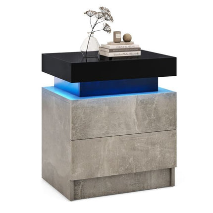 LED Nightstand, Faux Marble, 2 Drawers, Remote