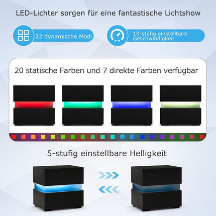 LED Nightstand Set, 2 Drawers, Black, Remote Control