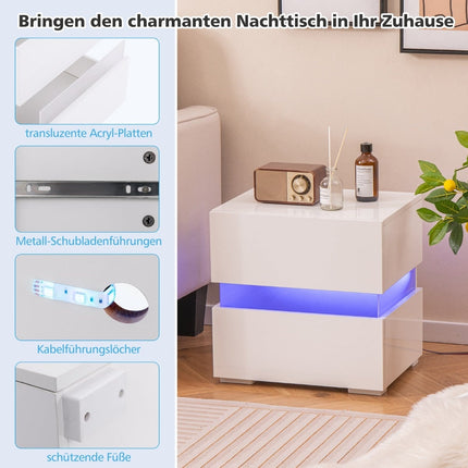 LED Nightstand Set with 2 Drawers, White, Remote-Controlled