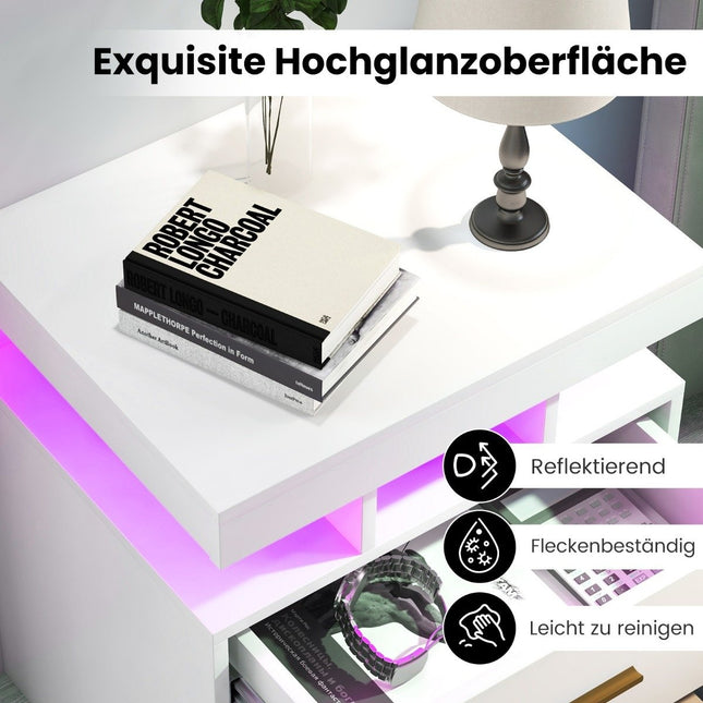 LED Nightstand with 2 Drawers, High Gloss, Remote Control