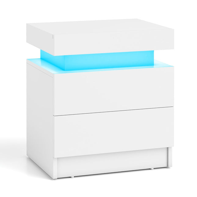 LED Nightstand with 2 Drawers, White MDF, Modern Design
