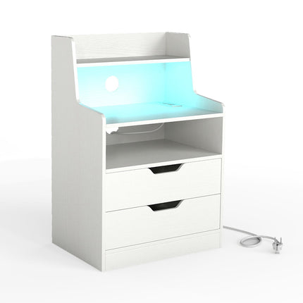 LED Nightstand with Charging Station, 2 Drawers, White