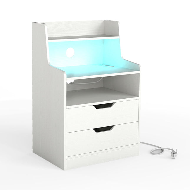LED Nightstand with Charging Station, 2 Drawers, White