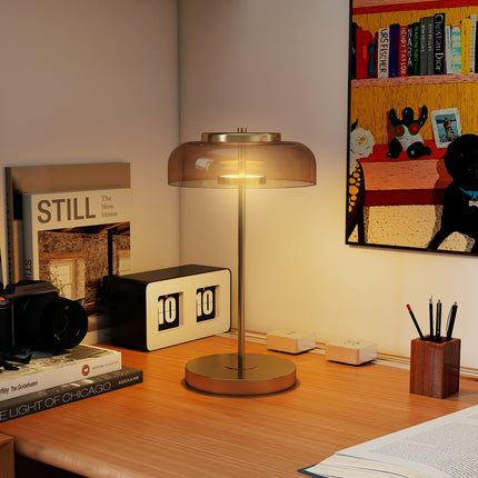 LED Table Lamp, Warm Light, Metal Base, Amber Glass Shade