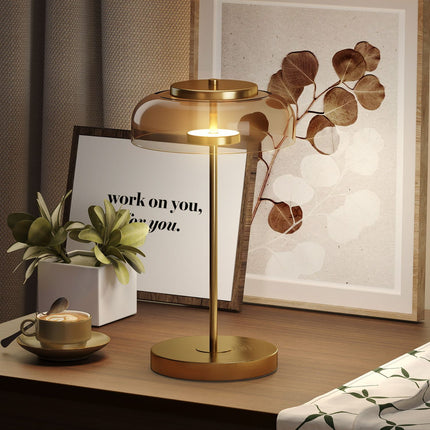 LED Table Lamp, Warm Light, Metal Base, Amber Glass Shade