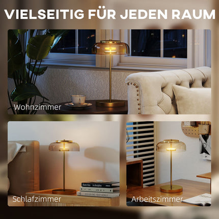 LED Table Lamp, Warm Light, Metal Base, Amber Glass Shade