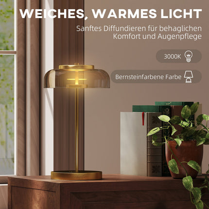 LED Table Lamp, Warm Light, Metal Base, Amber Glass Shade