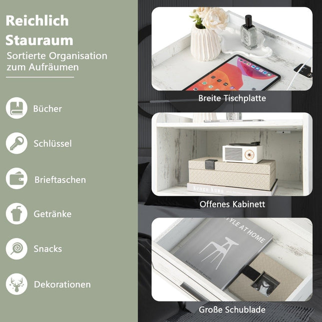 LED bedside table Intelligent nightstand with 2 USB ports White