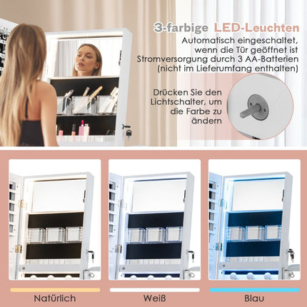 LED jewelry cabinet with full-length mirror and make-up mirror 41 x 37 x 156 cm white