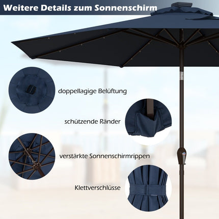 LED lighting cantilever umbrella round parasol solar powered garden umbrella crank dark blue