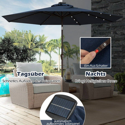 LED lighting cantilever umbrella round parasol solar powered garden umbrella crank dark blue