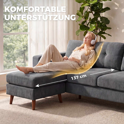 L-Shaped 3-Seater Sofa with Reversible Chaise, Dark Grey