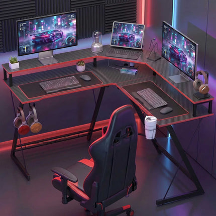 L-Shaped Computer Desk 128 cm with AC/USB Outlets and Monitor Stand
