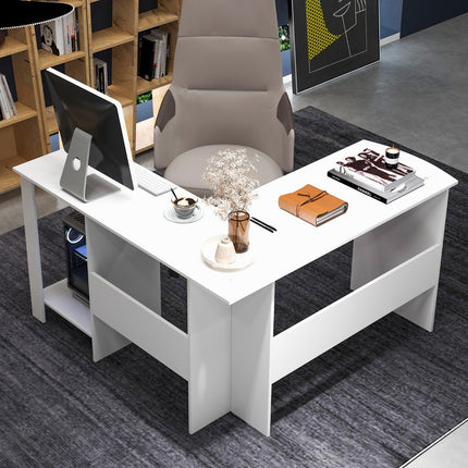 L-Shaped Computer Desk, 2 Cable Holes, Shelves, White