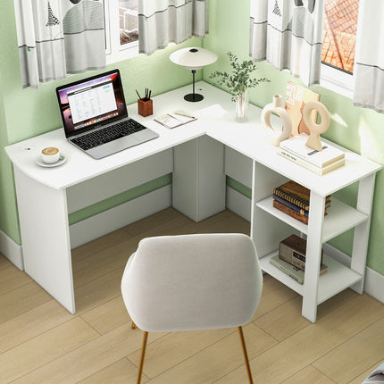 L-Shaped Computer Desk, 2 Cable Holes, Shelves, White