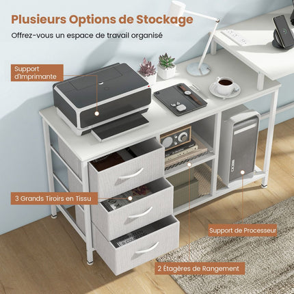 L-Shaped Computer Desk, Power Outlet, 3 Drawers, White