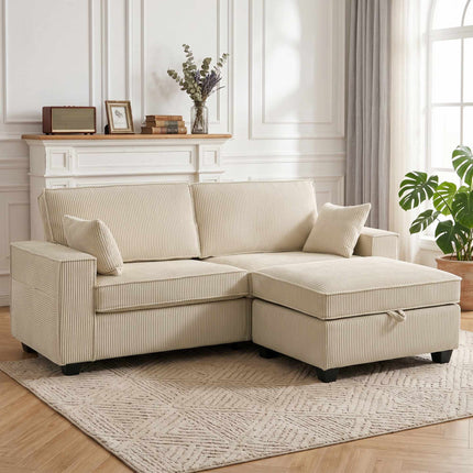 L-Shaped Cord Sofa with Reversible Storage Ottoman, Beige