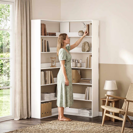 L-Shaped Corner Bookshelf, 7-Tier, White Wood Look